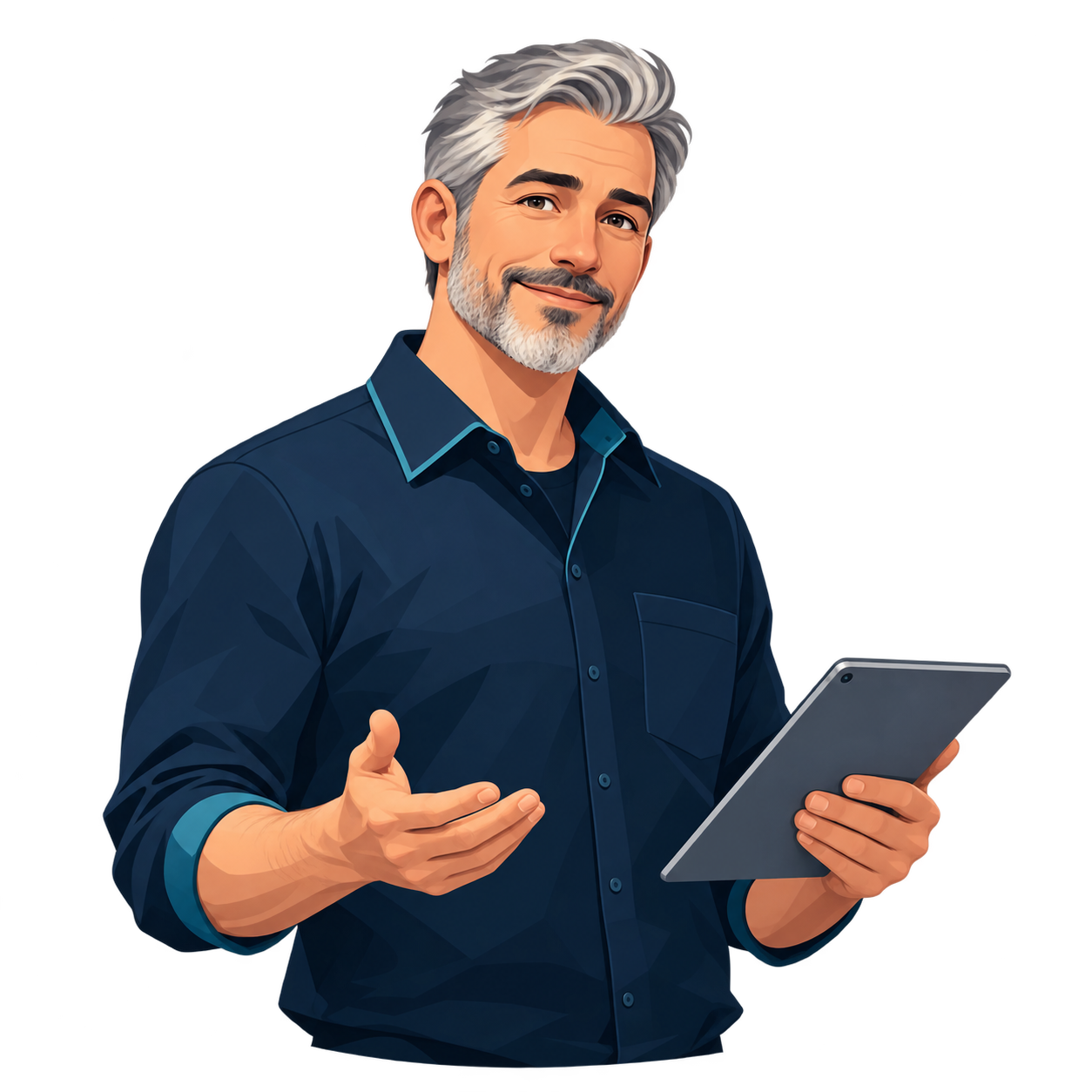 Scotty, the silver-haired engineer holding a tablet
